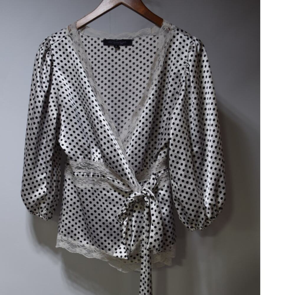 Blu Dahlia White Black Polka Dot Satin Wrap Blouse Lace Trim Size L